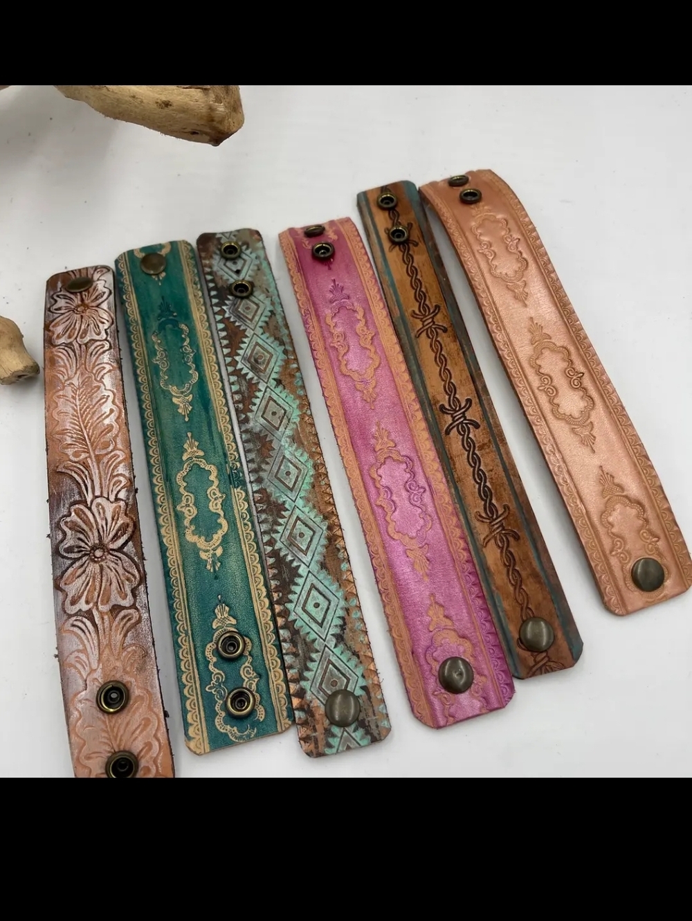 #1537 A Rare Bird Handcrafted Tooled Leather Cuffs - Picture 3 of 4
